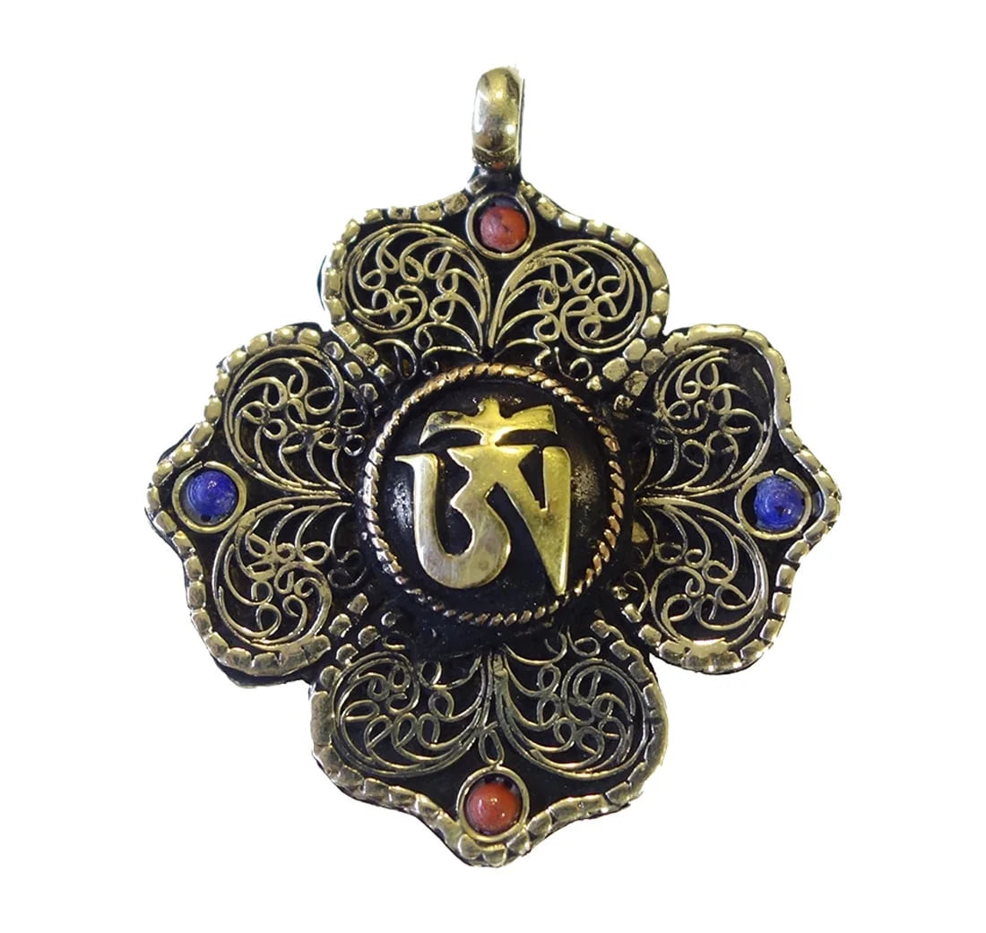 Handmade Brass Pendant with Lapis Lazuli & Coral Boho Prayer Jewelry for Men & Women