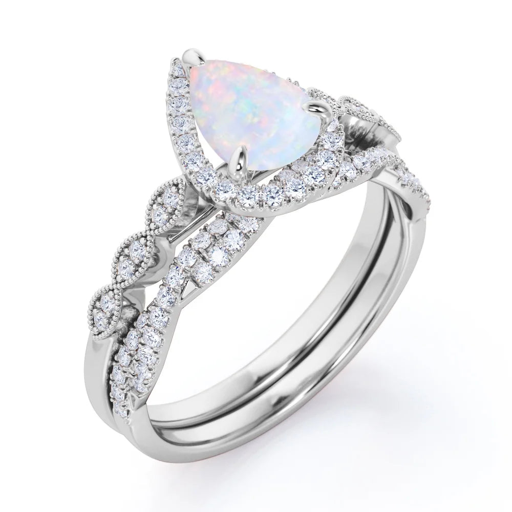 1.5 Carat Pear Cut Lab Created Opal and Moissanite Vintage Engagement Ring - Halo Pave Bridal Set in 18K White Gold over Silver