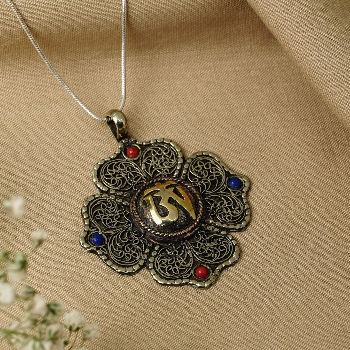 Handmade Brass Pendant with Lapis Lazuli & Coral Boho Prayer Jewelry for Men & Women
