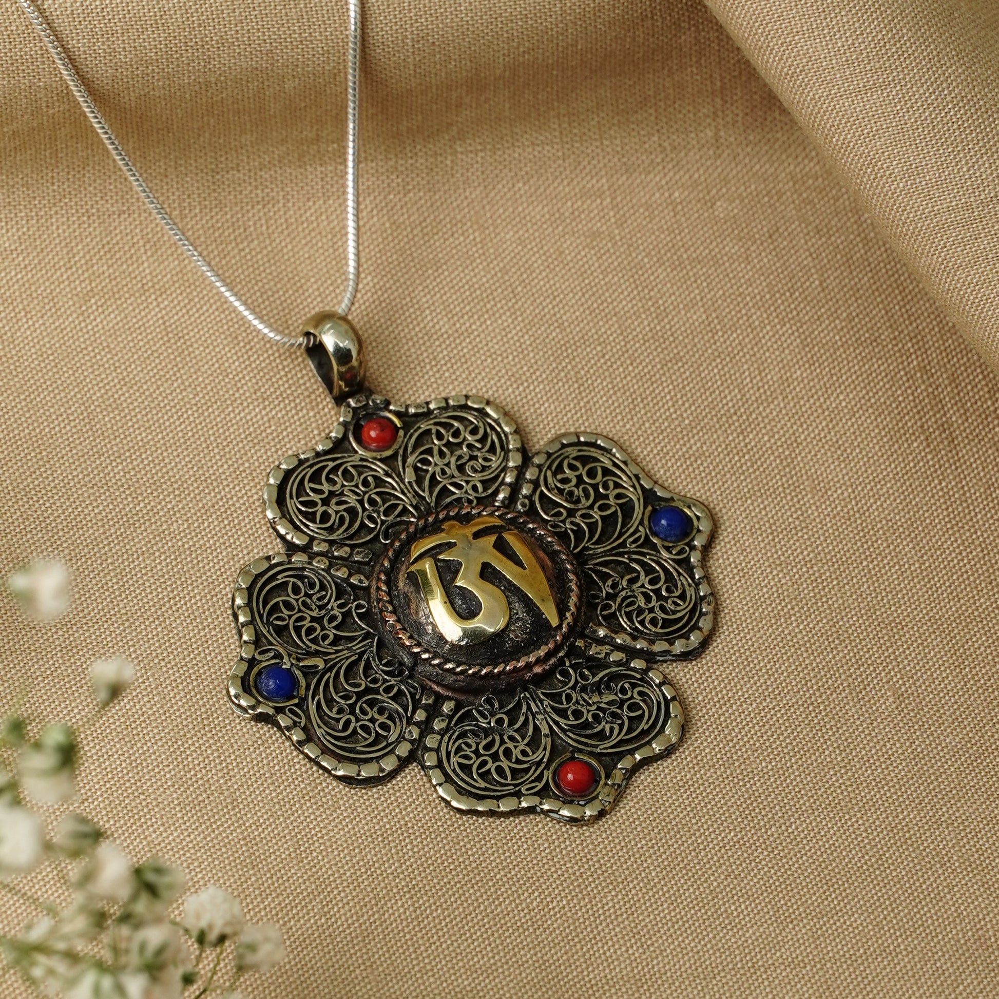 Handmade Brass Pendant with Lapis Lazuli & Coral Boho Prayer Jewelry for Men & Women