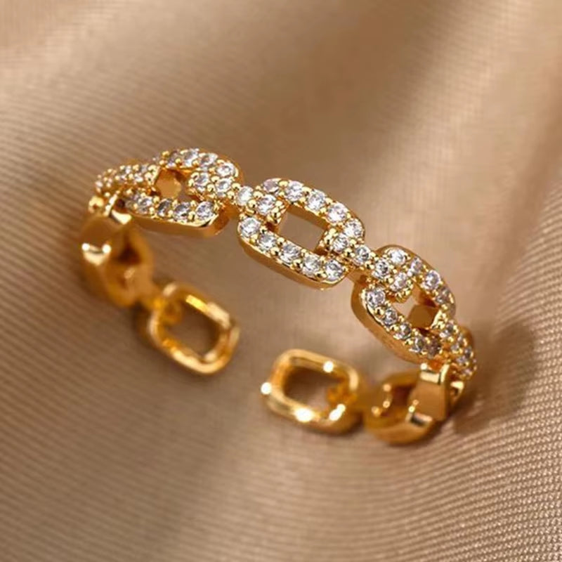 Classic Twist Chain Open Rings for Women Zircon Stainless Steel Geometric Twist Wrapped Couple Ring Wedding Aesthetic Jewelry