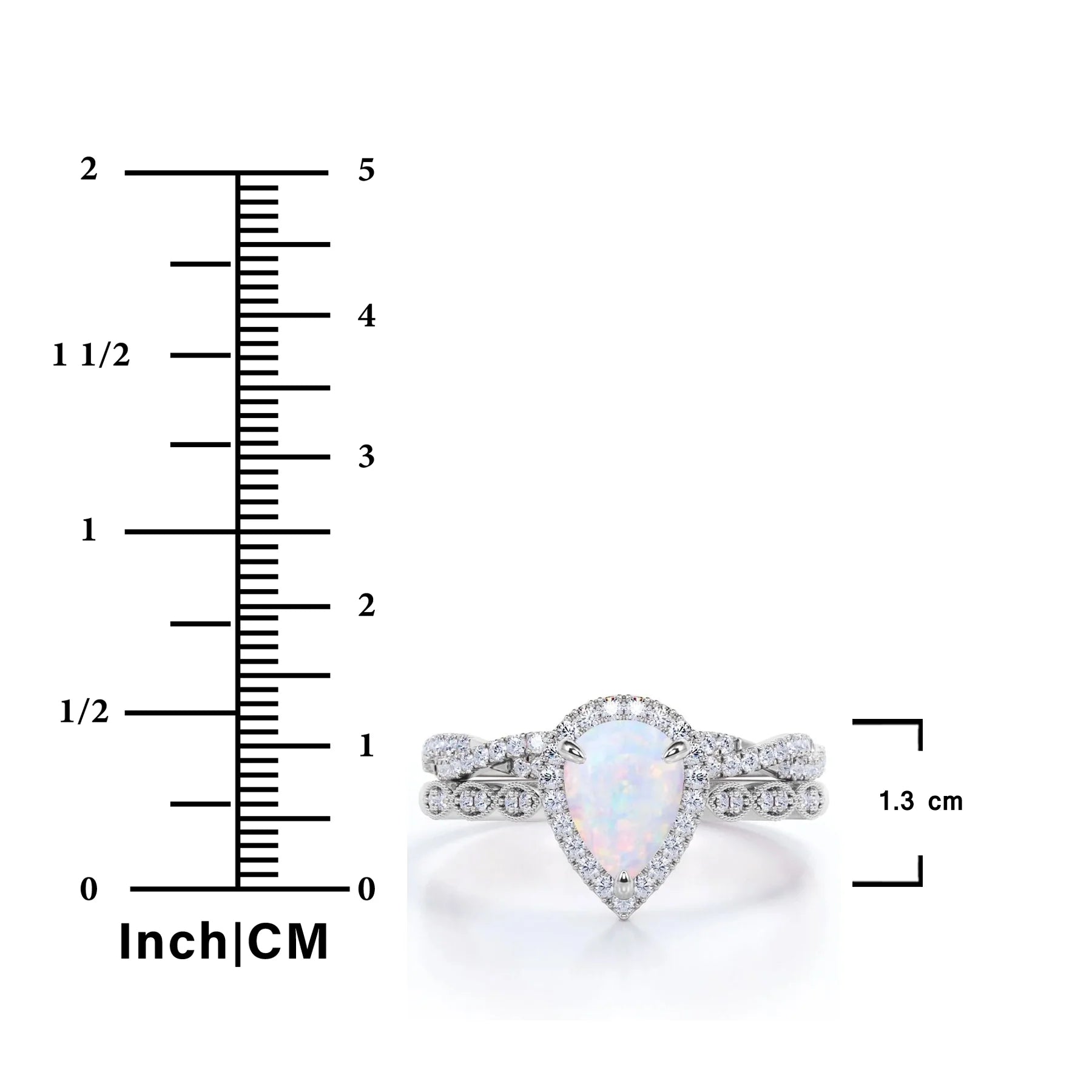 1.5 Carat Pear Cut Lab Created Opal and Moissanite Vintage Engagement Ring - Halo Pave Bridal Set in 18K White Gold over Silver